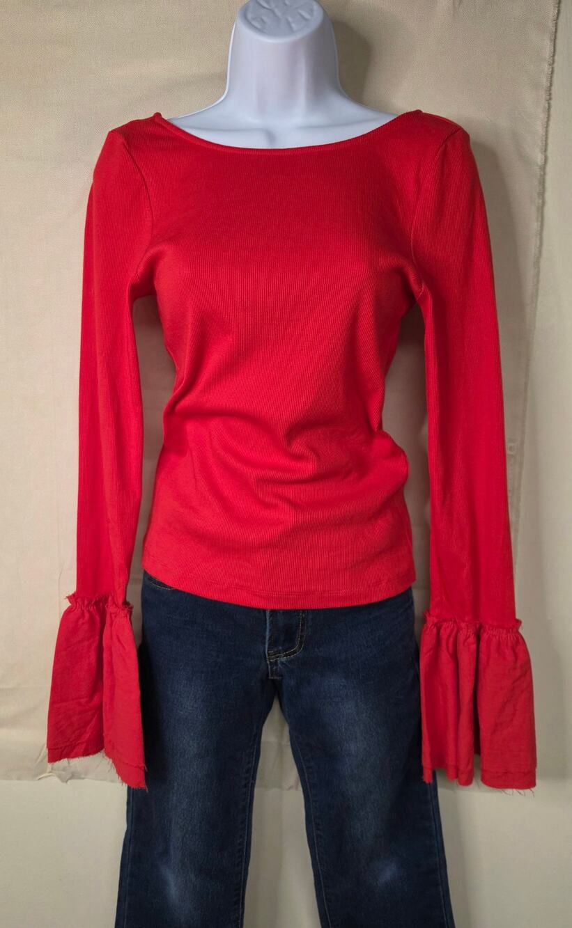 Free People M Red Ribbed Bell Sleeve Top Dramatic Flare Boho Y2K 70s 0116